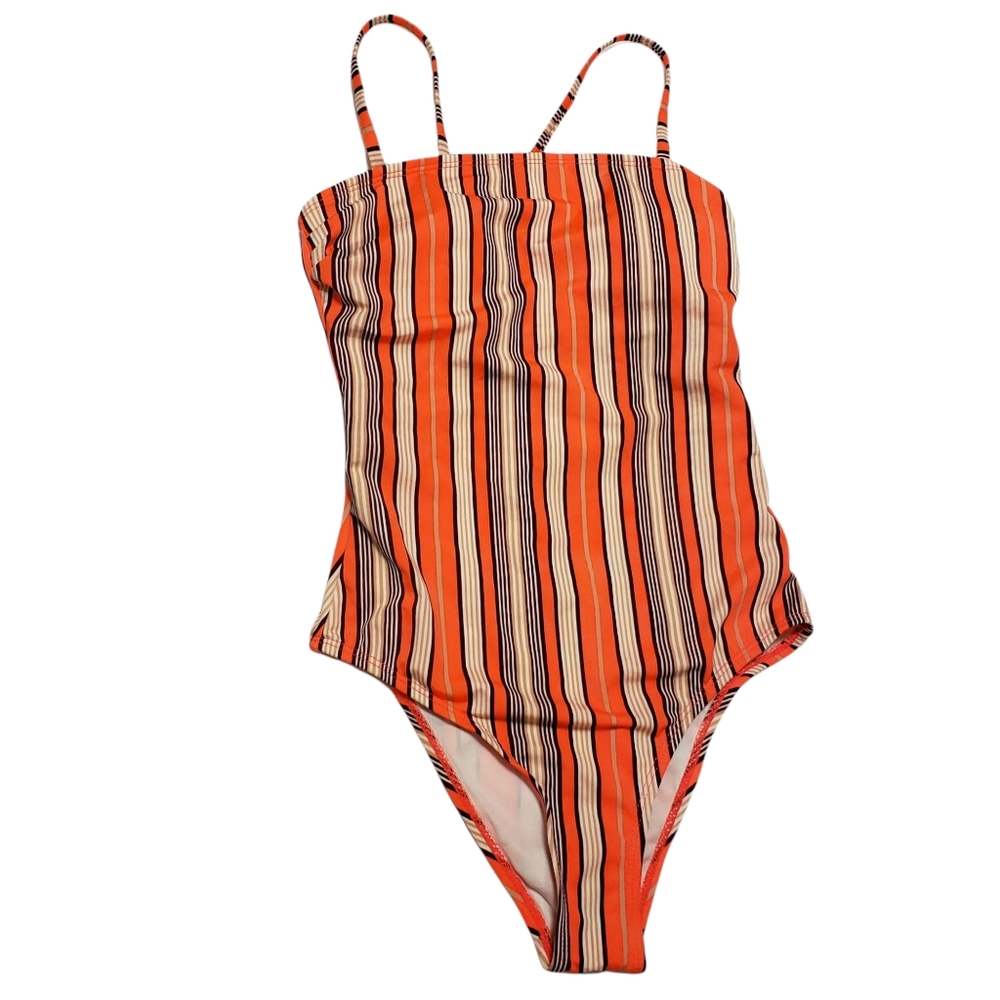🆕️Womens Orange Brown Stripe One Piece Swimsuit